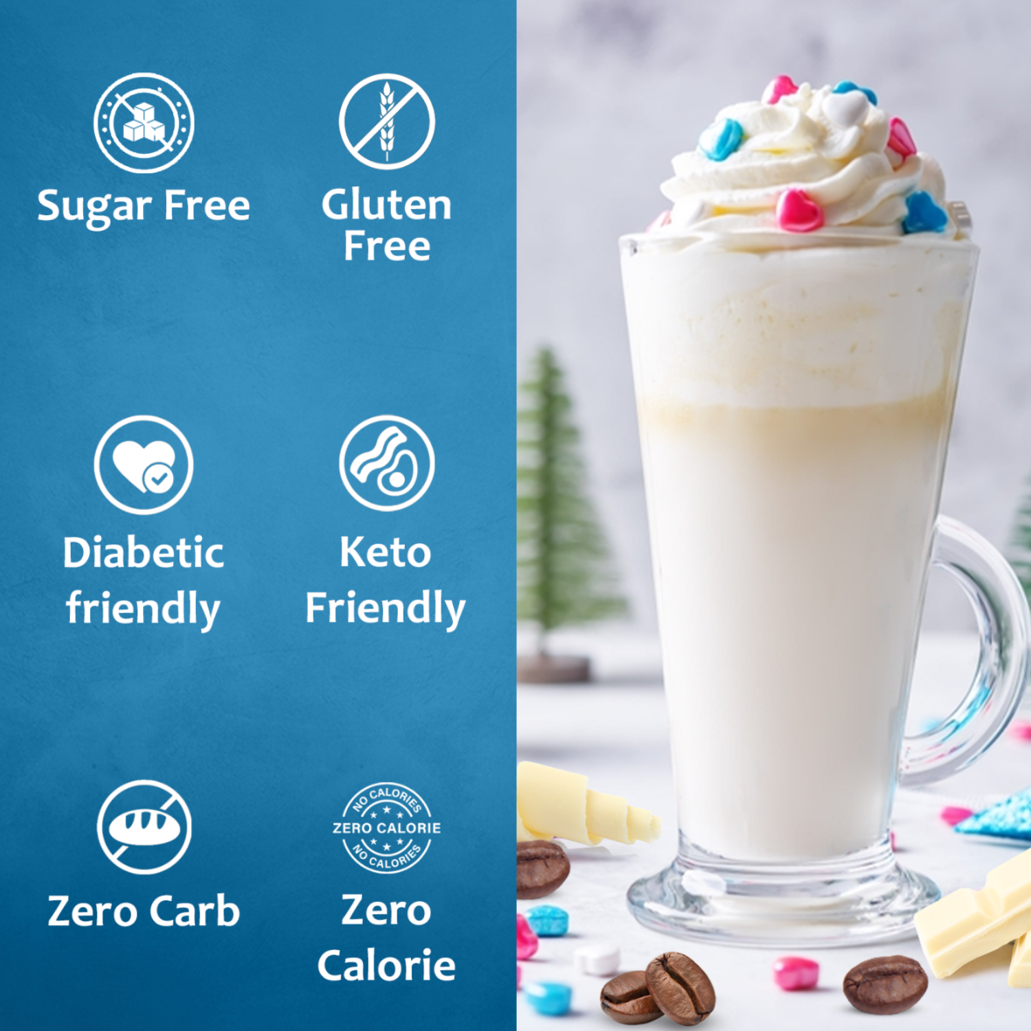 Glass of creamy beverage with whipped cream and colorful sprinkles on a blue background with health benefits text.