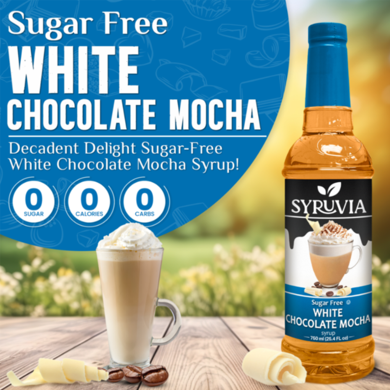 Sugar-Free White Chocolate Mocha syrup bottle with a cup of coffee and whipped cream on a wooden surface.